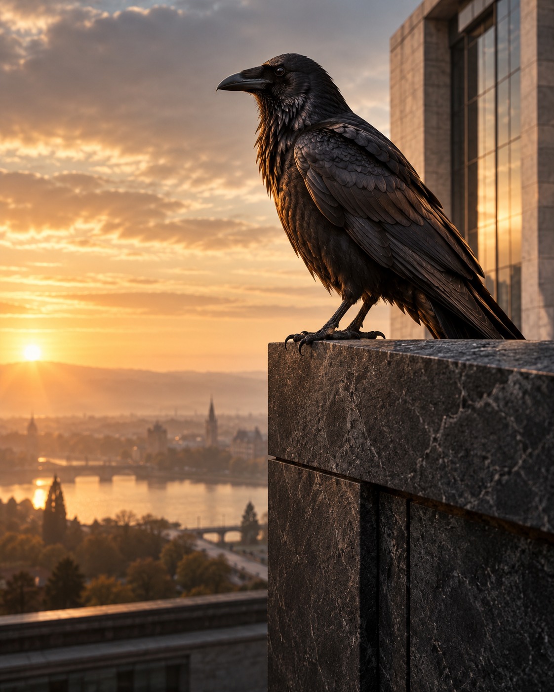 A poised raven overlooking the city at sunrise, representing perspective and strategic clarity