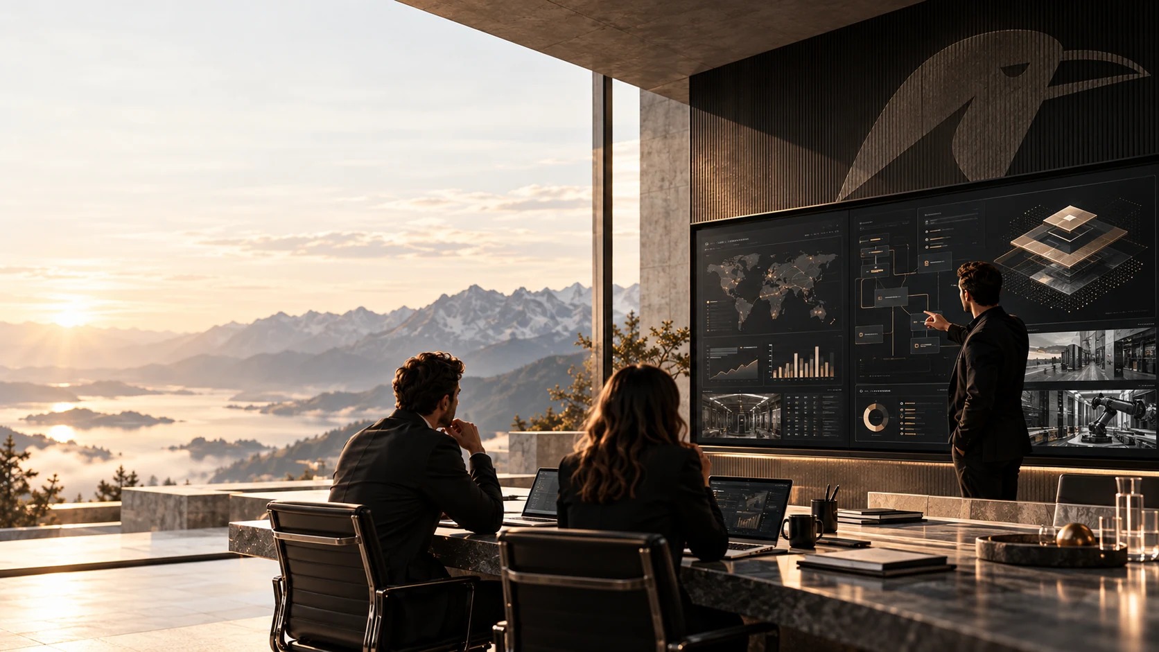 Executive strategy session in a Taylor Partners branded environment