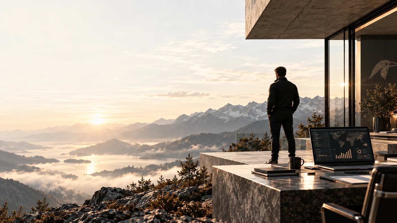 A founder standing over a mountain horizon symbolizing perspective and owner independence