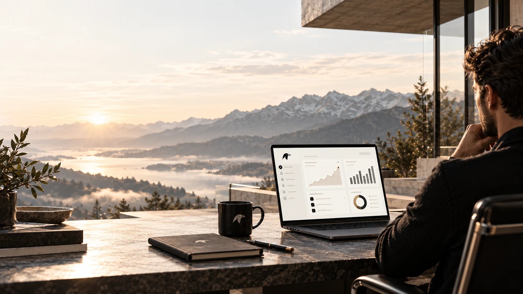 A premium analytics workspace with dashboard views for AI transformation