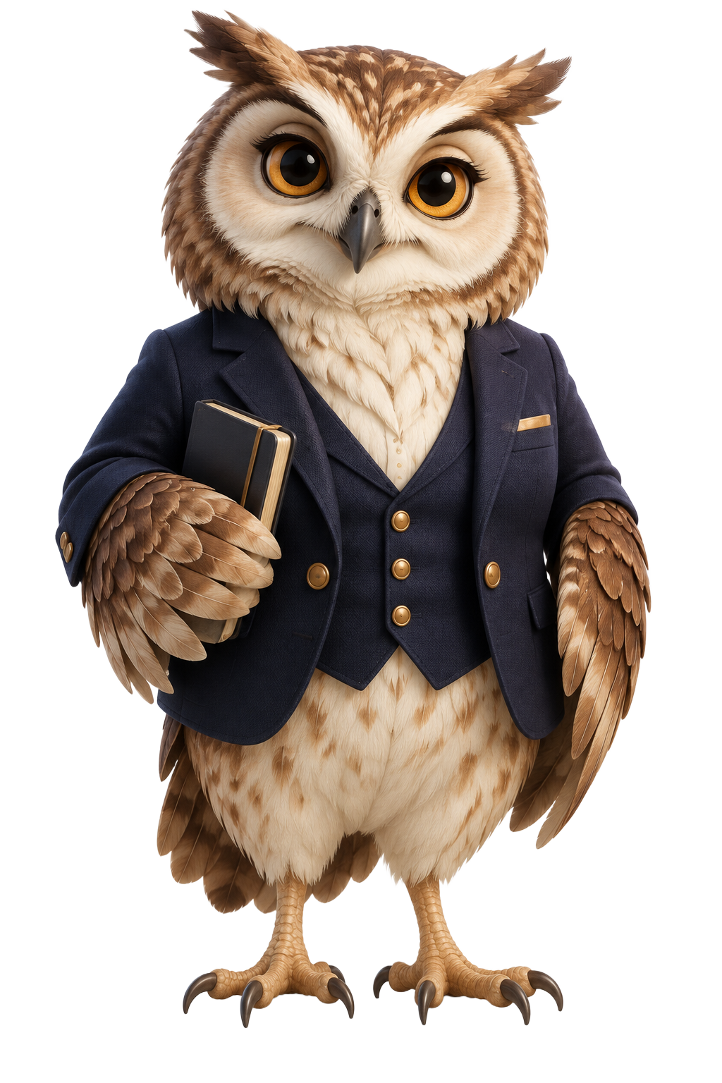 Rhea, the Altavyn owl guide, in a tailored navy jacket with subtle gold accents